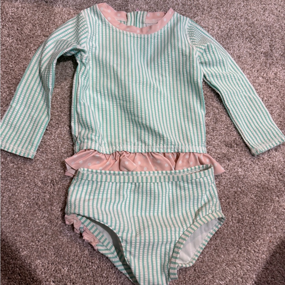 Ruffle Butts Seersucker Swimsuit with Pink Ruffles